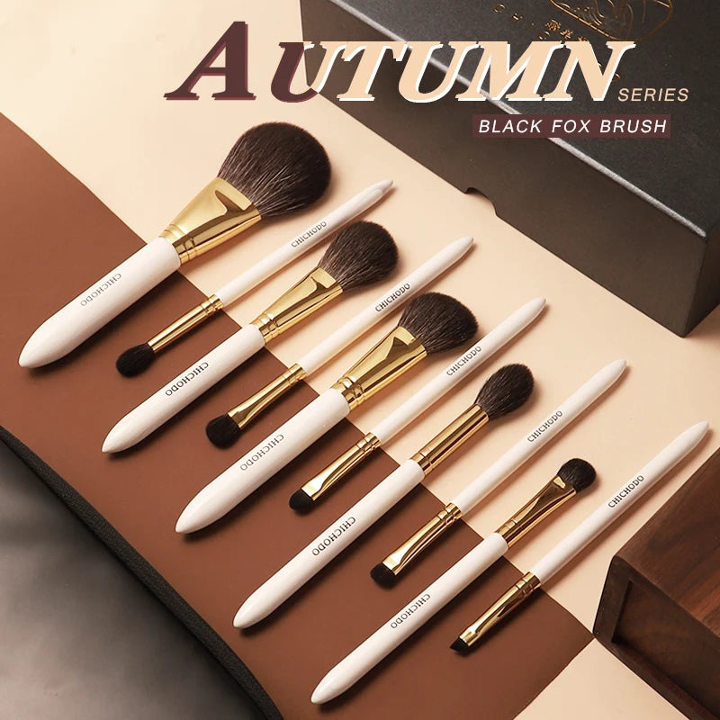 CHICHODO Makeup Brush-Luxurious Golden Autumn 10PCS Brushes Set-High Level Fox&Goat&Synthetic Hair Professional Makeup Tools